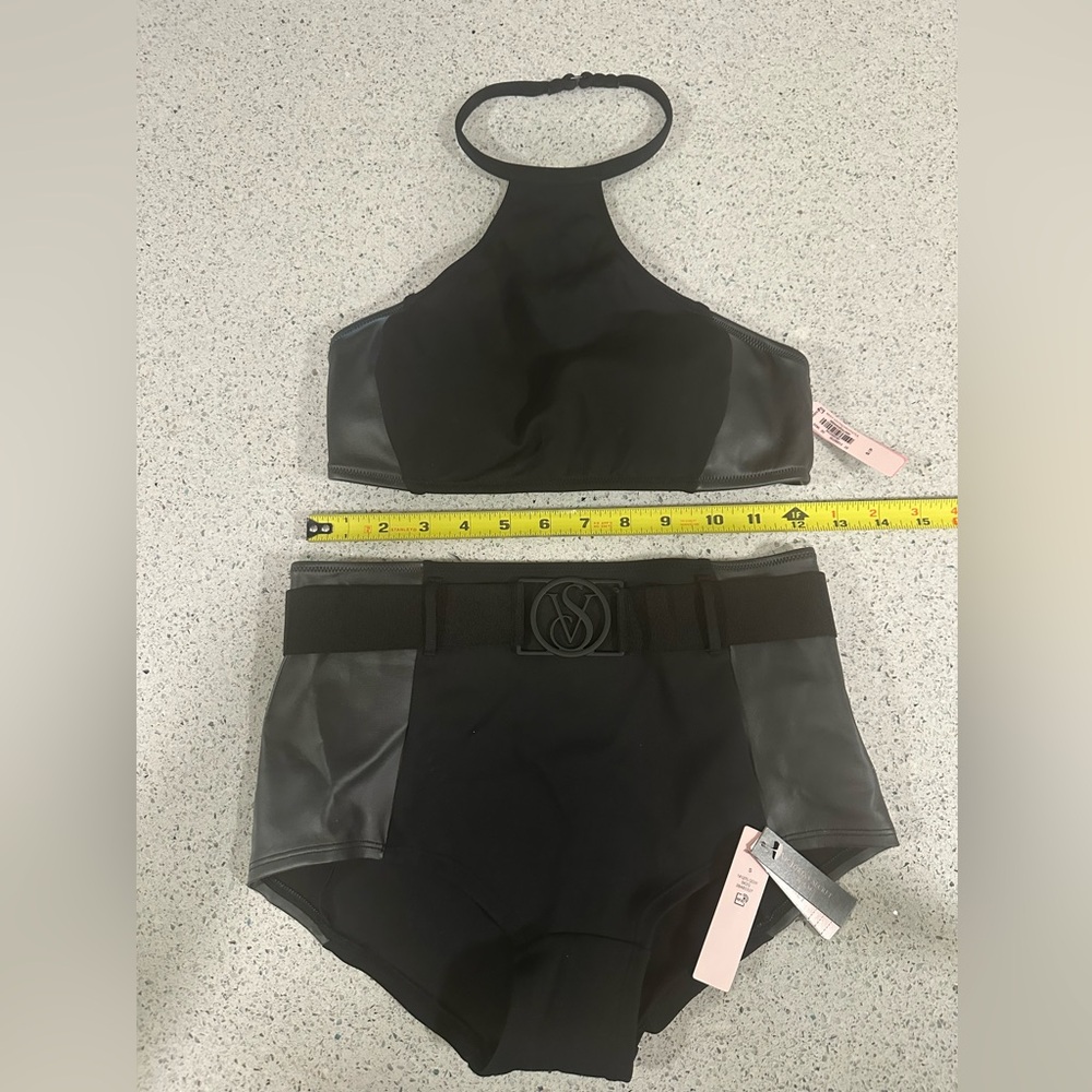 Victoria's Secret Black Faux Leather Belted Bikini Set Top Bottom Small NWT - Picture 2 of 7